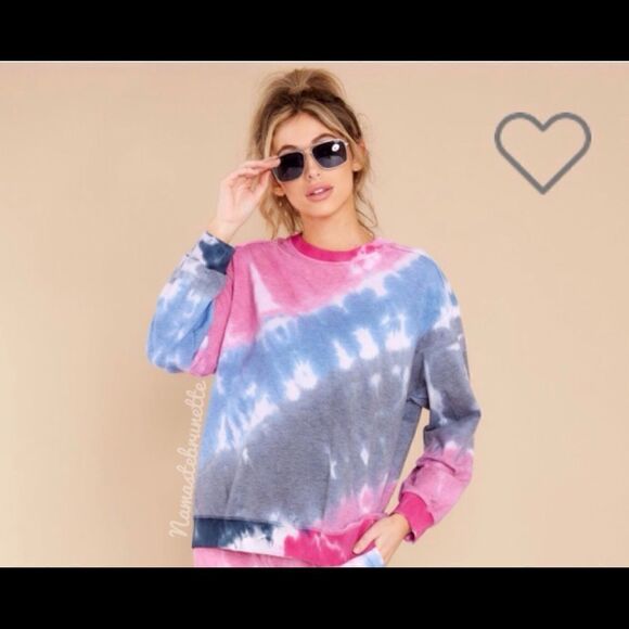 Nwt Boho Pink & Blue Tie Dye Long Sleeve Pullover Sweatshirt - Picture 12 of 13